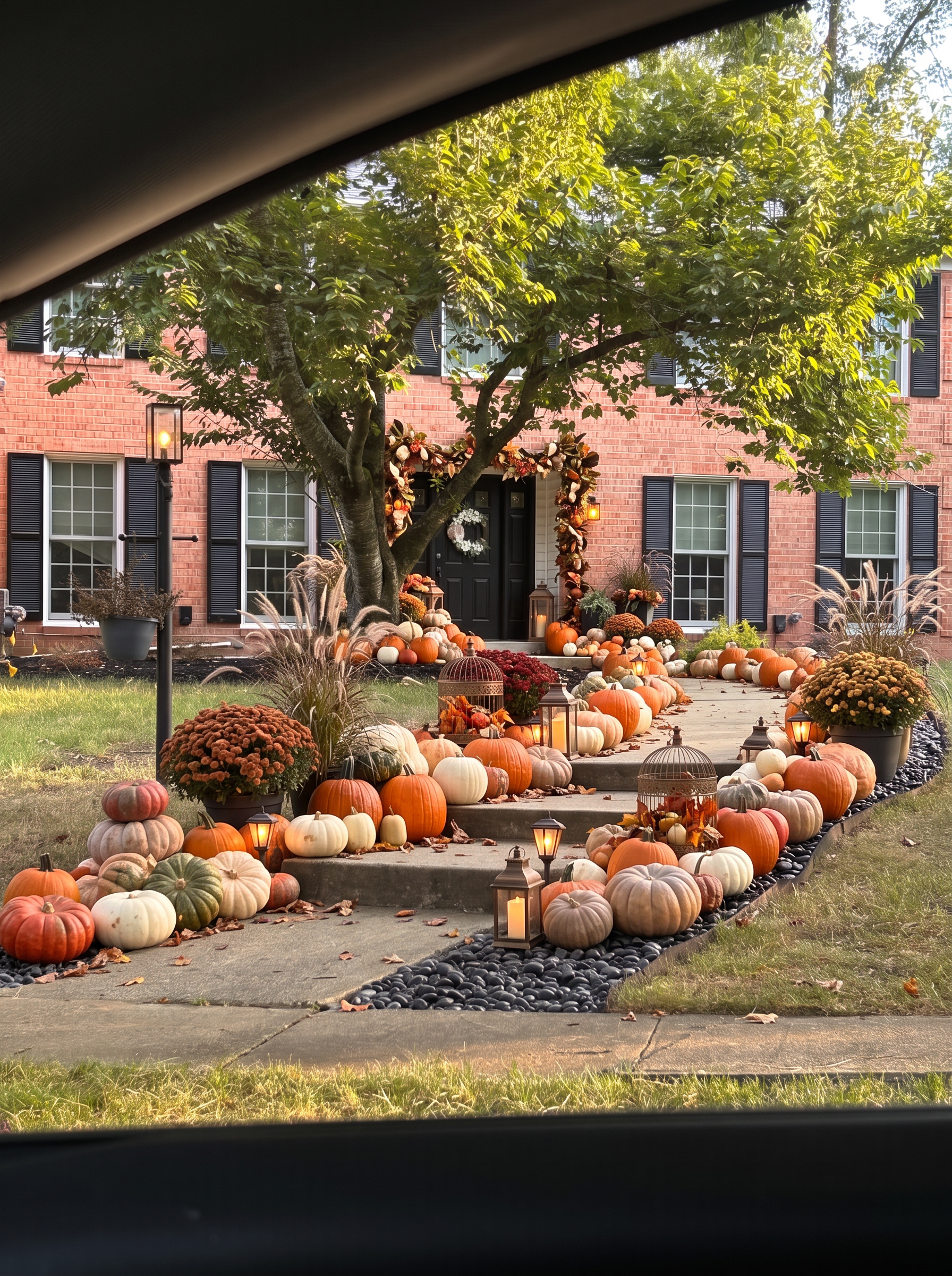 A luxury walkway lined with one hundred large pumpkins, lanterns, bird cages, and fall foliage