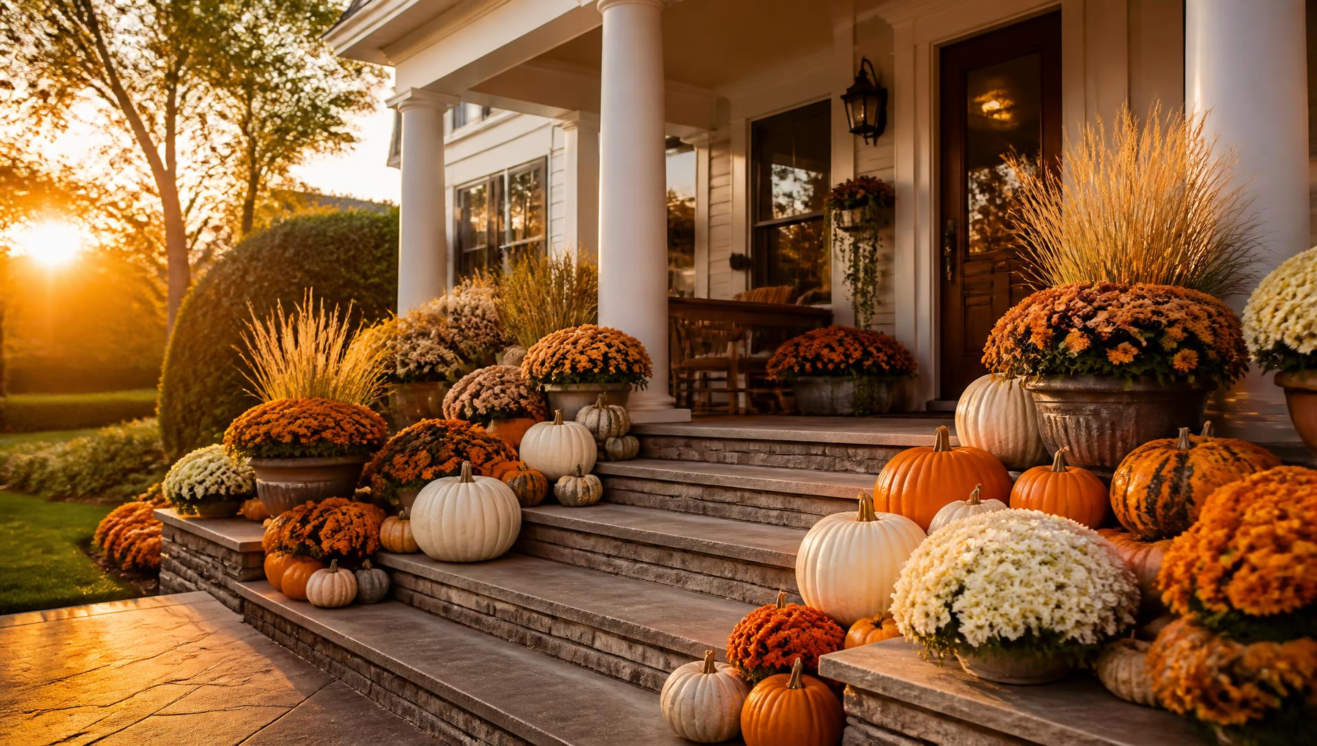 Luxury front porch styled with orange and white pumpkins at golden hour
